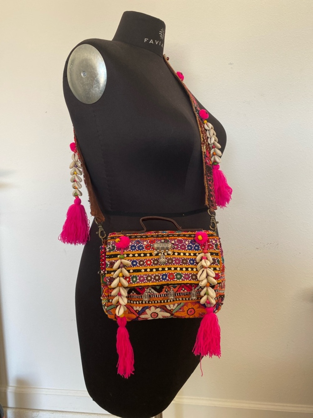Boho Embroidered Crossbody Bag with Pink Tassels